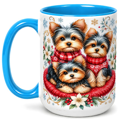 #pl[15oz|Blue] Yorkshire Terrier Trio Coffee Mug, Christmas Dog Mug, Ceramic Cup