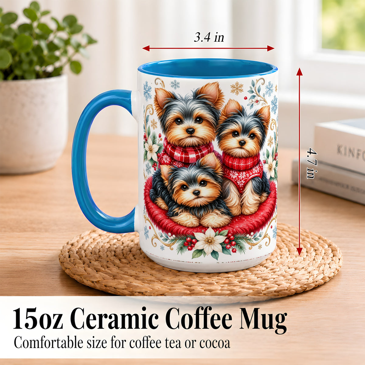 #pl[15oz|Blue] Yorkshire Terrier Trio Coffee Mug, Christmas Dog Mug, Ceramic Cup