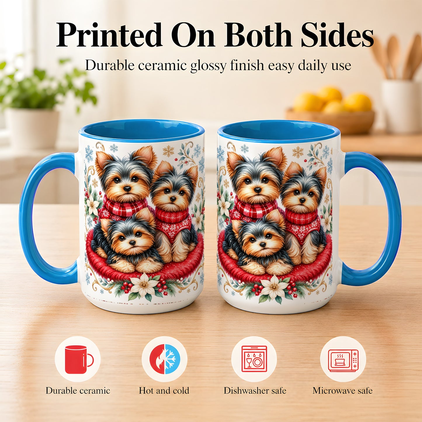 #pl[15oz|Blue] Yorkshire Terrier Trio Coffee Mug, Christmas Dog Mug, Ceramic Cup