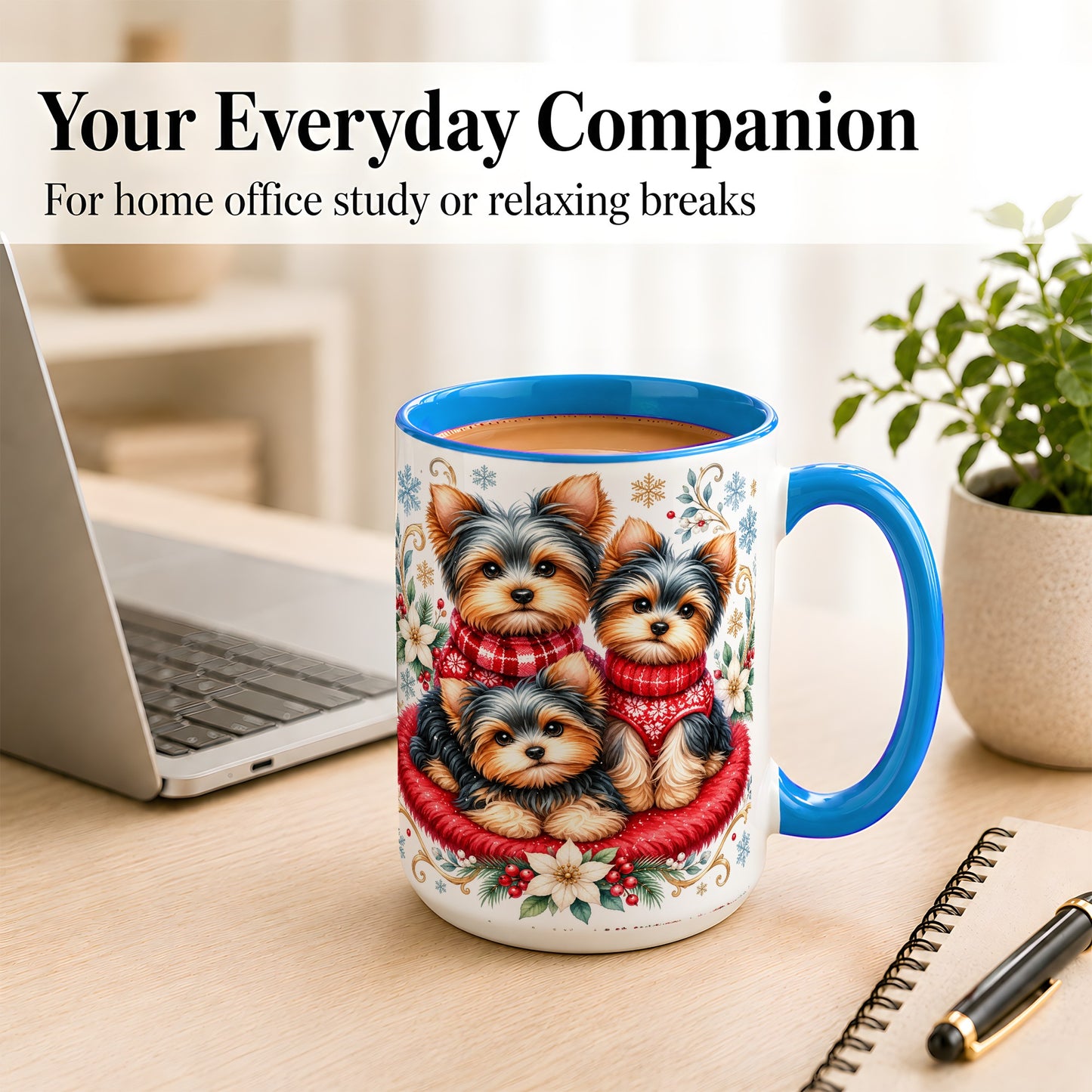 #pl[15oz|Blue] Yorkshire Terrier Trio Coffee Mug, Christmas Dog Mug, Ceramic Cup