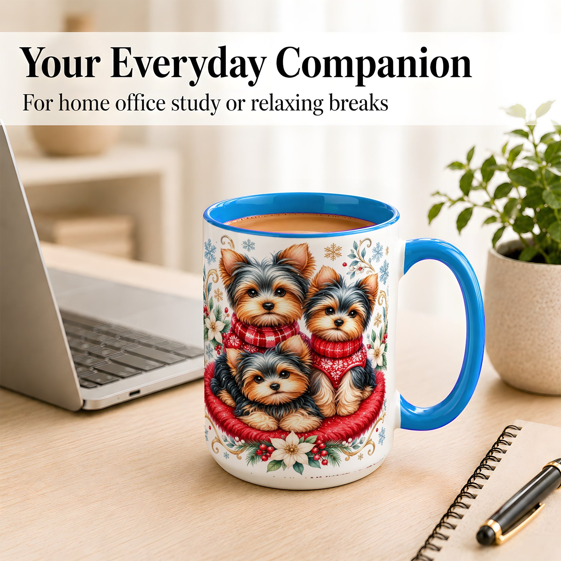 #pl[15oz|Blue] Yorkshire Terrier Trio Coffee Mug, Christmas Dog Mug, Ceramic Cup