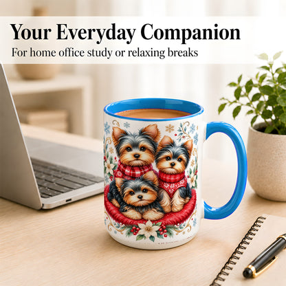 #pl[15oz|Blue] Yorkshire Terrier Trio Coffee Mug, Christmas Dog Mug, Ceramic Cup