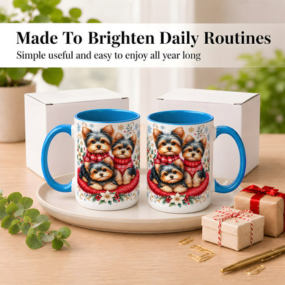 #pl[15oz|Blue] Yorkshire Terrier Trio Coffee Mug, Christmas Dog Mug, Ceramic Cup