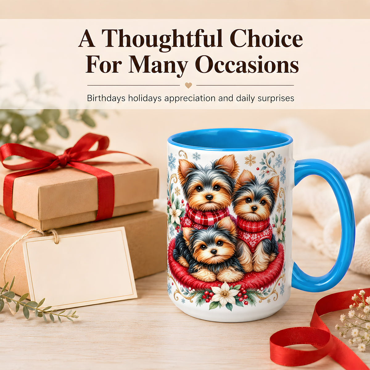 #pl[15oz|Blue] Yorkshire Terrier Trio Coffee Mug, Christmas Dog Mug, Ceramic Cup