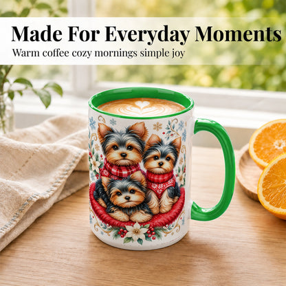 #pl[15oz|Green] Yorkshire Terrier Trio Coffee Mug, Christmas Dog Mug, Ceramic Cup