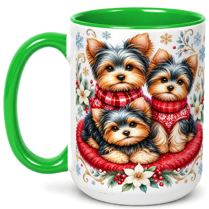 #pl[15oz|Green] Yorkshire Terrier Trio Coffee Mug, Christmas Dog Mug, Ceramic Cup