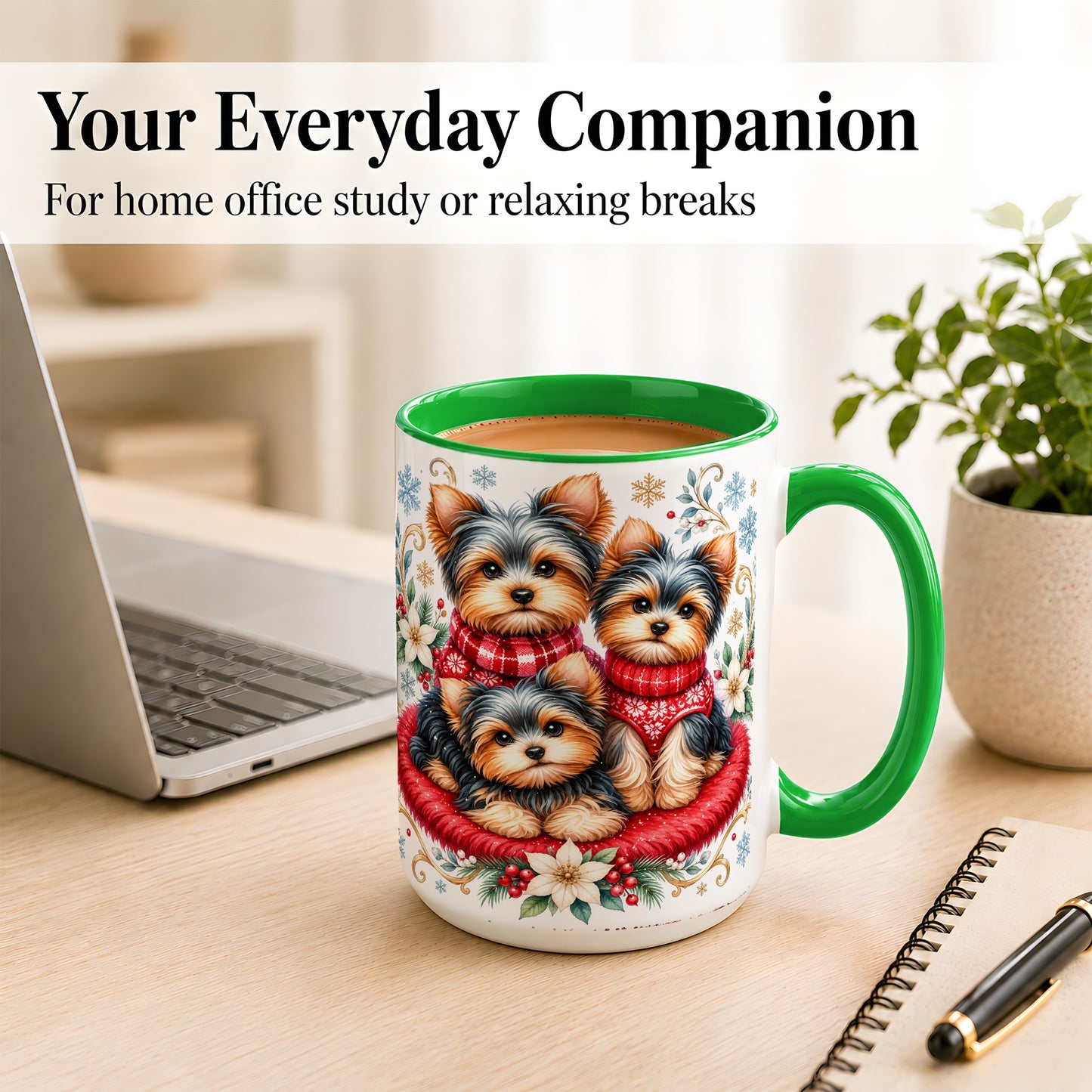 #pl[15oz|Green] Yorkshire Terrier Trio Coffee Mug, Christmas Dog Mug, Ceramic Cup