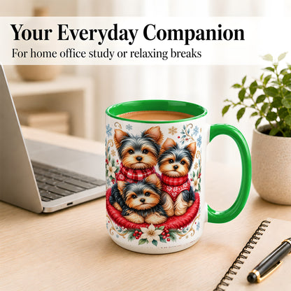 #pl[15oz|Green] Yorkshire Terrier Trio Coffee Mug, Christmas Dog Mug, Ceramic Cup