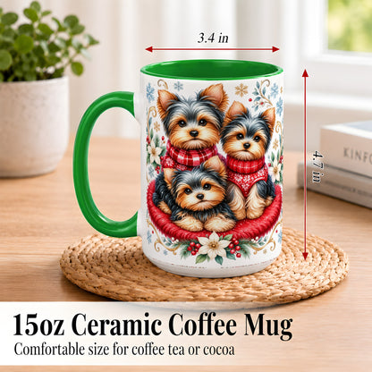 #pl[15oz|Green] Yorkshire Terrier Trio Coffee Mug, Christmas Dog Mug, Ceramic Cup