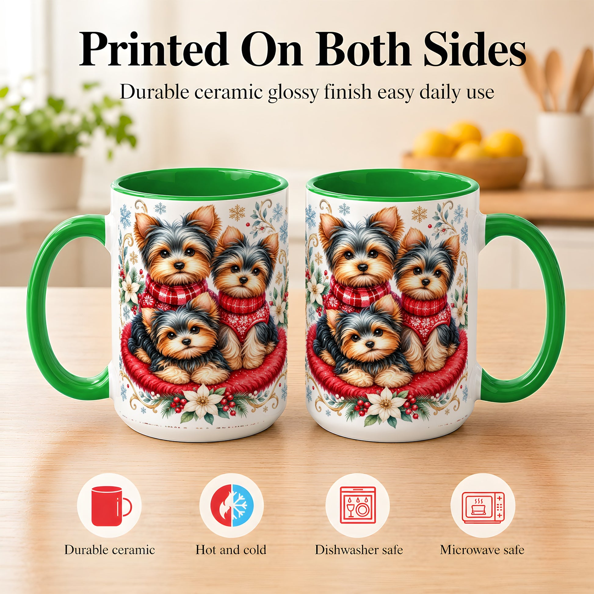 #pl[15oz|Green] Yorkshire Terrier Trio Coffee Mug, Christmas Dog Mug, Ceramic Cup