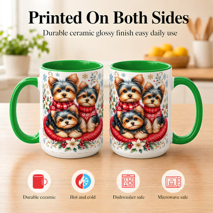 #pl[15oz|Green] Yorkshire Terrier Trio Coffee Mug, Christmas Dog Mug, Ceramic Cup