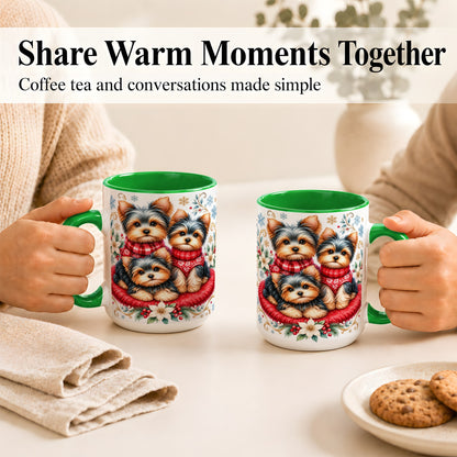 #pl[15oz|Green] Yorkshire Terrier Trio Coffee Mug, Christmas Dog Mug, Ceramic Cup