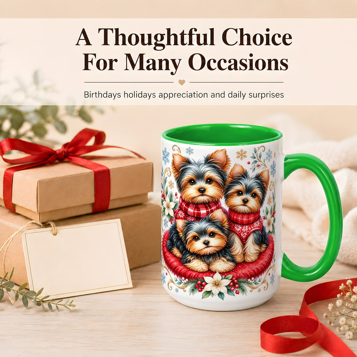 #pl[15oz|Green] Yorkshire Terrier Trio Coffee Mug, Christmas Dog Mug, Ceramic Cup