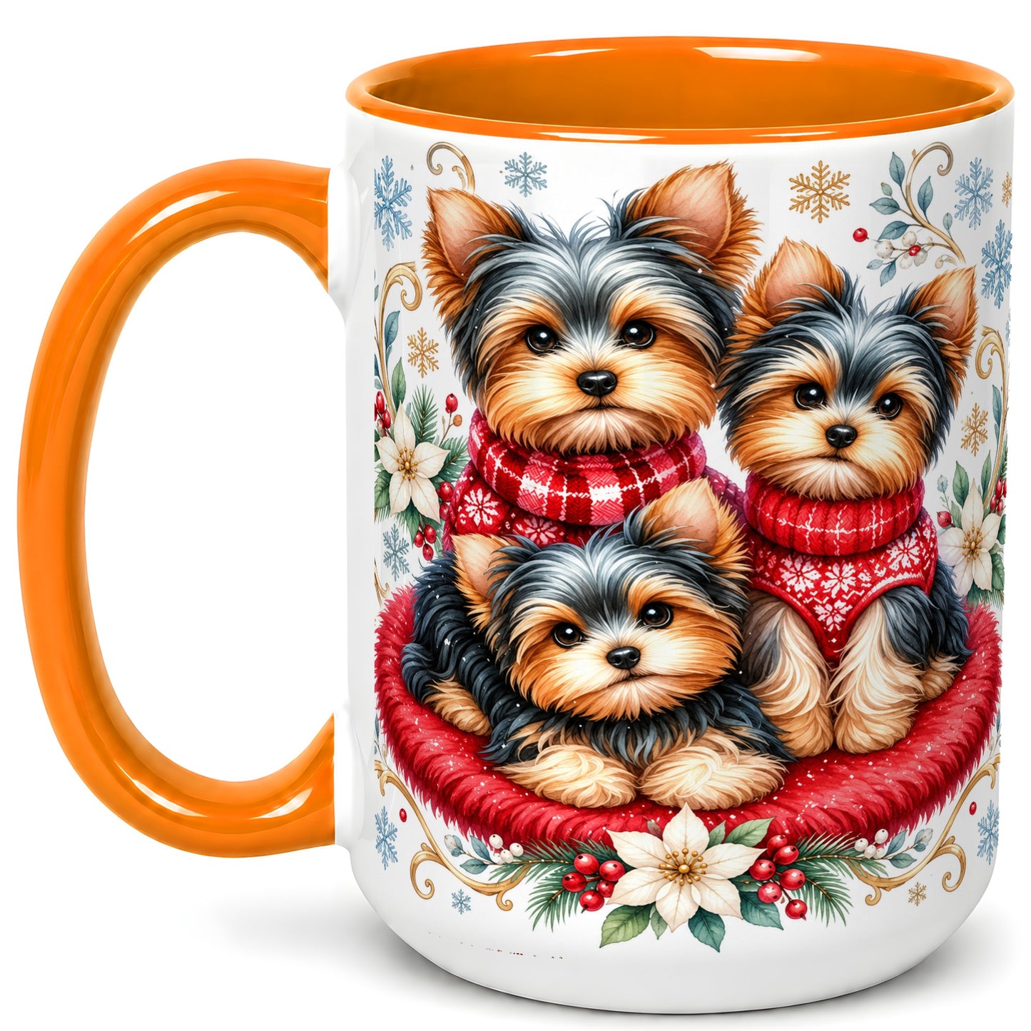 #pl[15oz|Orange] Yorkshire Terrier Trio Coffee Mug, Christmas Dog Mug, Ceramic Cup