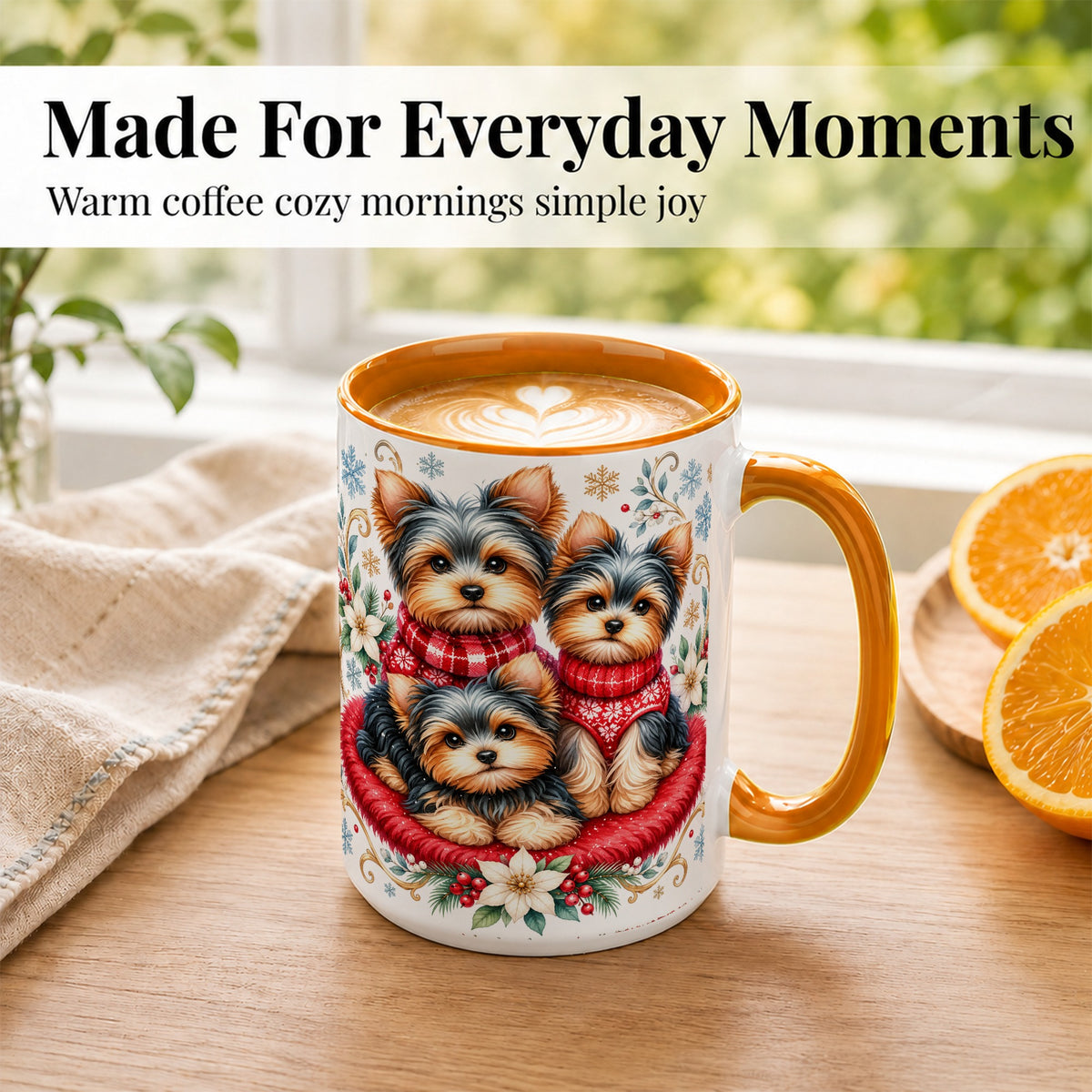 #pl[15oz|Orange] Yorkshire Terrier Trio Coffee Mug, Christmas Dog Mug, Ceramic Cup