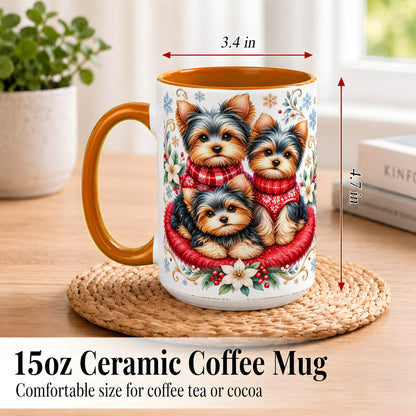 #pl[15oz|Orange] Yorkshire Terrier Trio Coffee Mug, Christmas Dog Mug, Ceramic Cup