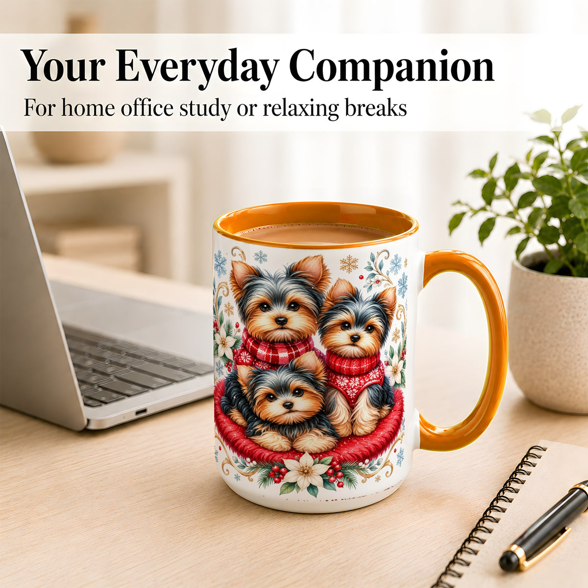 #pl[15oz|Orange] Yorkshire Terrier Trio Coffee Mug, Christmas Dog Mug, Ceramic Cup