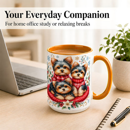 #pl[15oz|Orange] Yorkshire Terrier Trio Coffee Mug, Christmas Dog Mug, Ceramic Cup