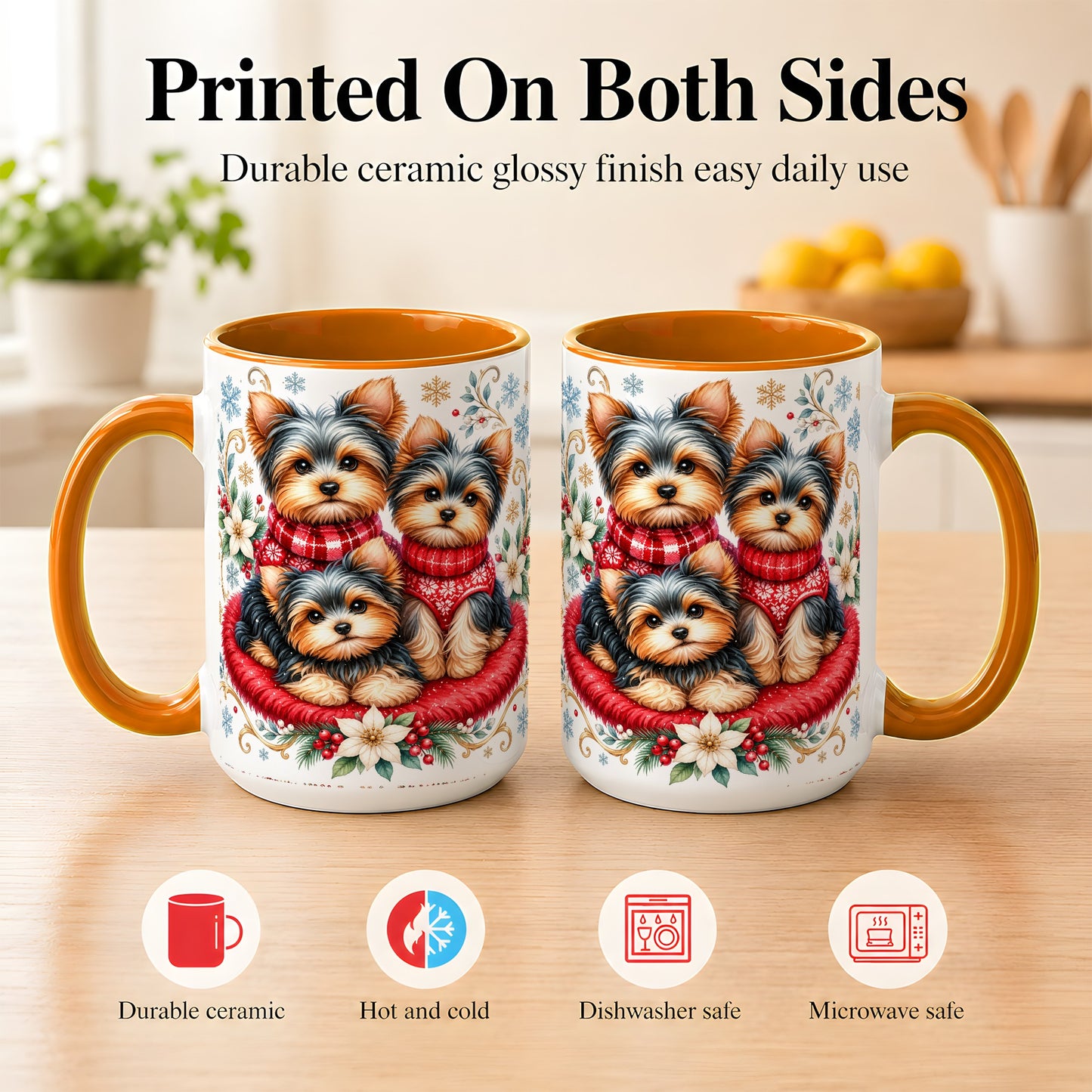 #pl[15oz|Orange] Yorkshire Terrier Trio Coffee Mug, Christmas Dog Mug, Ceramic Cup