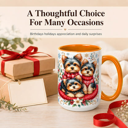 #pl[15oz|Orange] Yorkshire Terrier Trio Coffee Mug, Christmas Dog Mug, Ceramic Cup