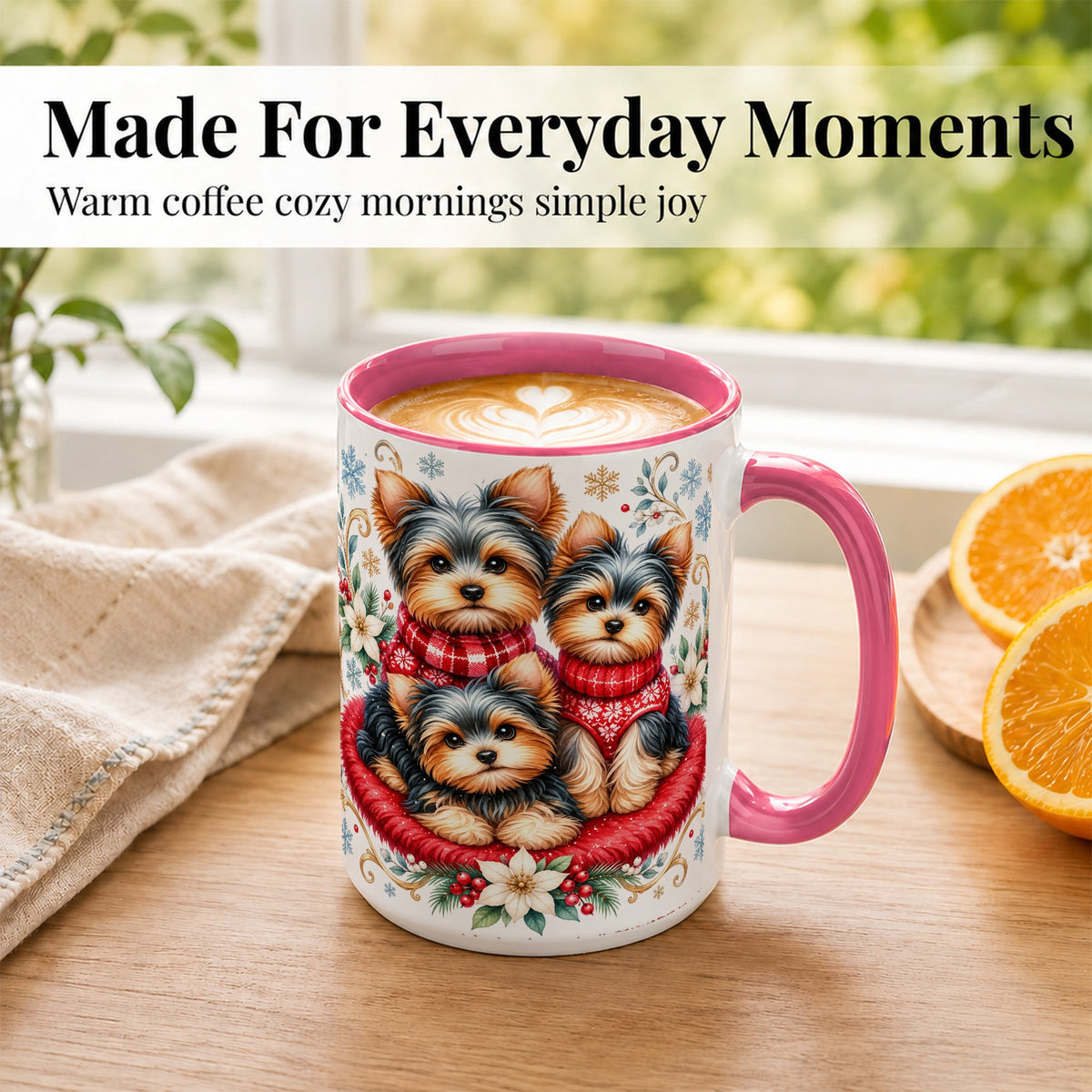 #pl[15oz|Pink] Yorkshire Terrier Trio Coffee Mug, Christmas Dog Mug, Ceramic Cup
