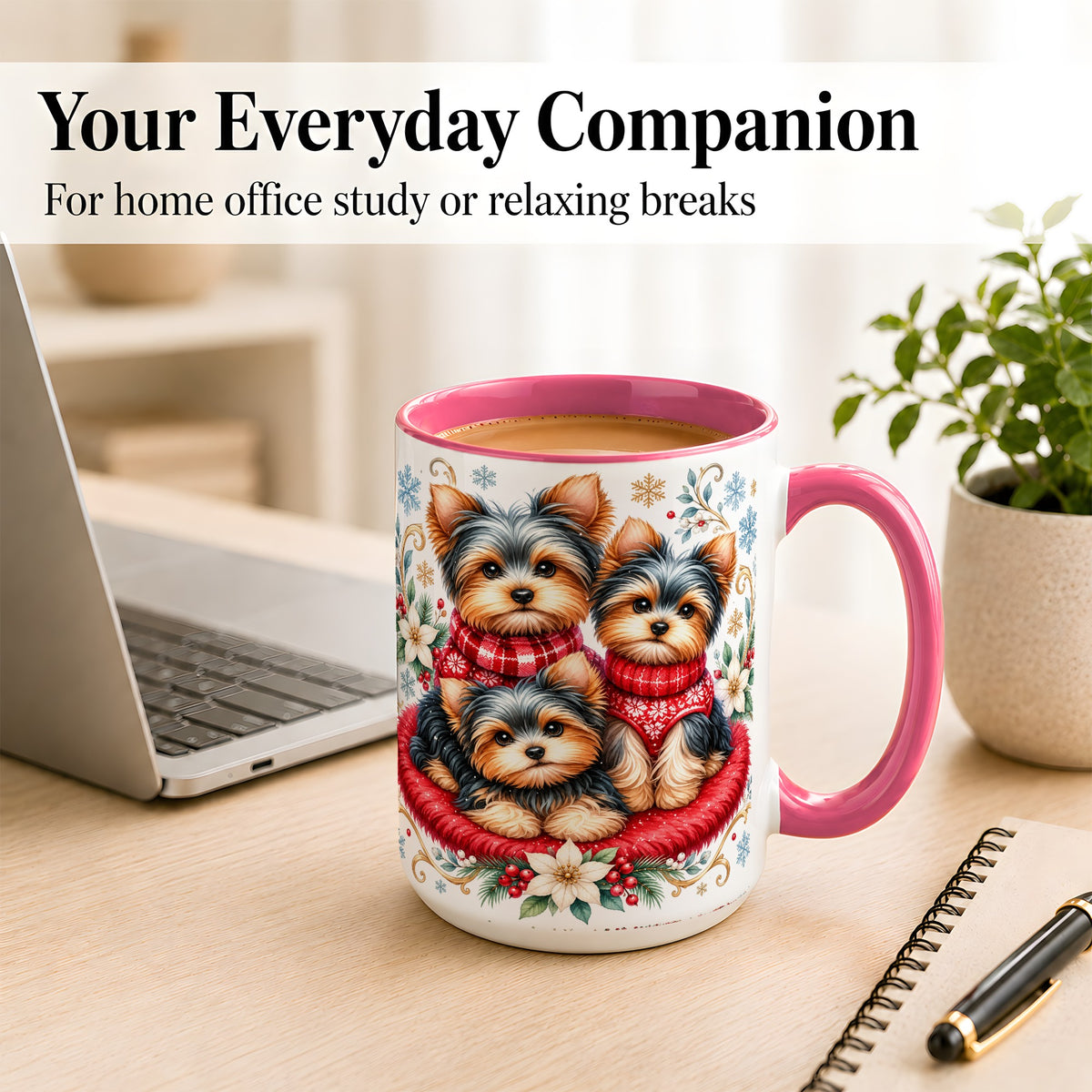#pl[15oz|Pink] Yorkshire Terrier Trio Coffee Mug, Christmas Dog Mug, Ceramic Cup