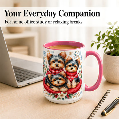 #pl[15oz|Pink] Yorkshire Terrier Trio Coffee Mug, Christmas Dog Mug, Ceramic Cup