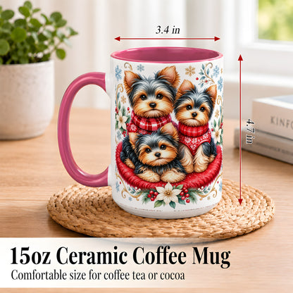 #pl[15oz|Pink] Yorkshire Terrier Trio Coffee Mug, Christmas Dog Mug, Ceramic Cup