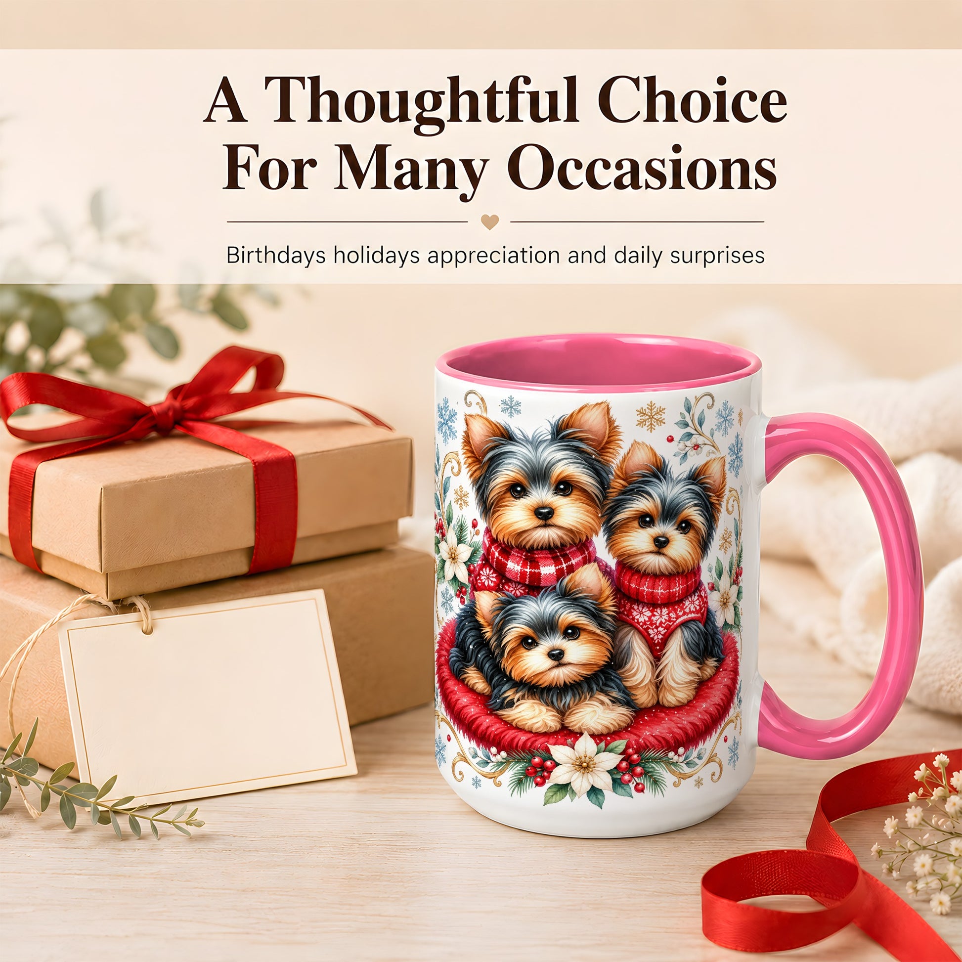 #pl[15oz|Pink] Yorkshire Terrier Trio Coffee Mug, Christmas Dog Mug, Ceramic Cup
