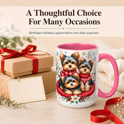 #pl[15oz|Pink] Yorkshire Terrier Trio Coffee Mug, Christmas Dog Mug, Ceramic Cup