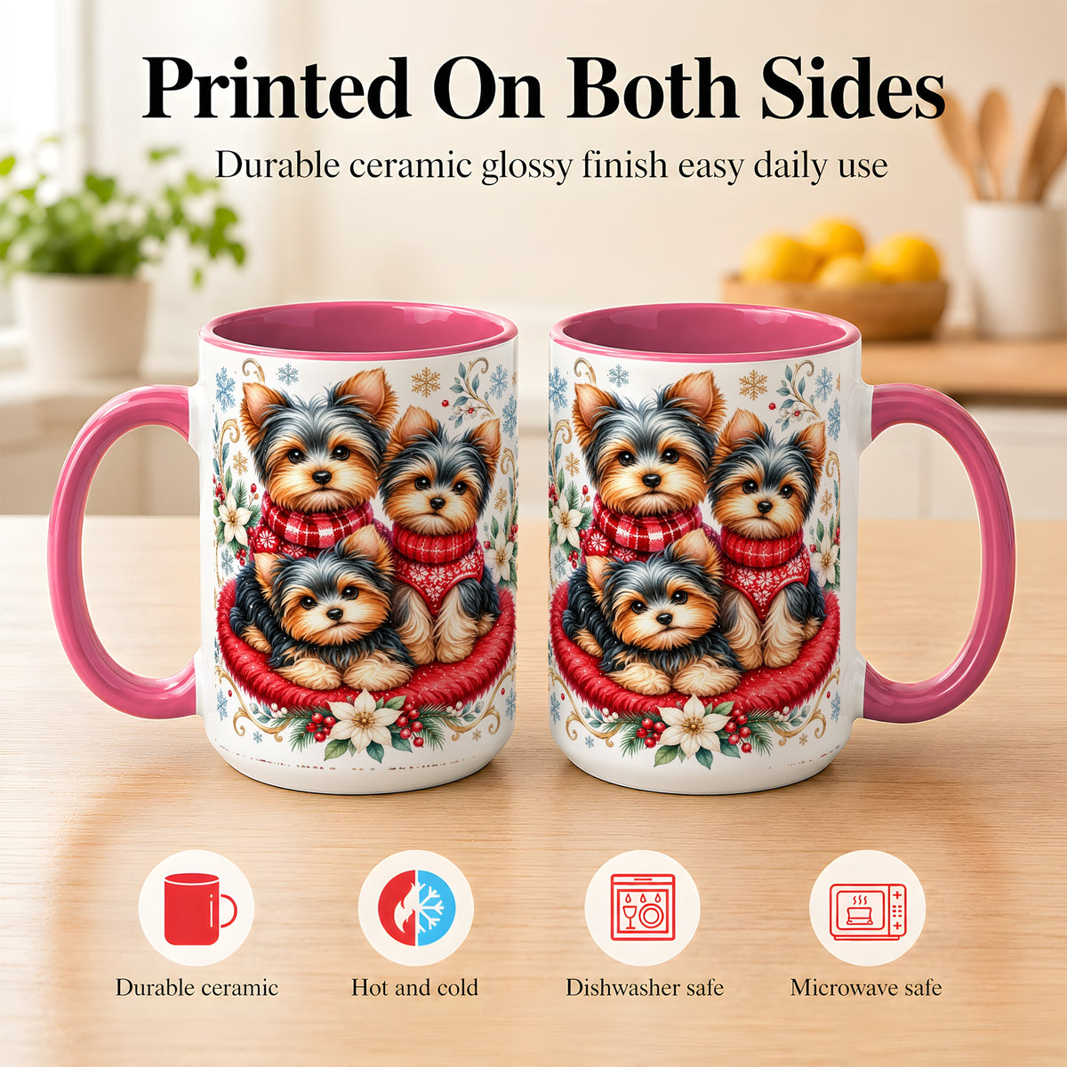 #pl[15oz|Pink] Yorkshire Terrier Trio Coffee Mug, Christmas Dog Mug, Ceramic Cup