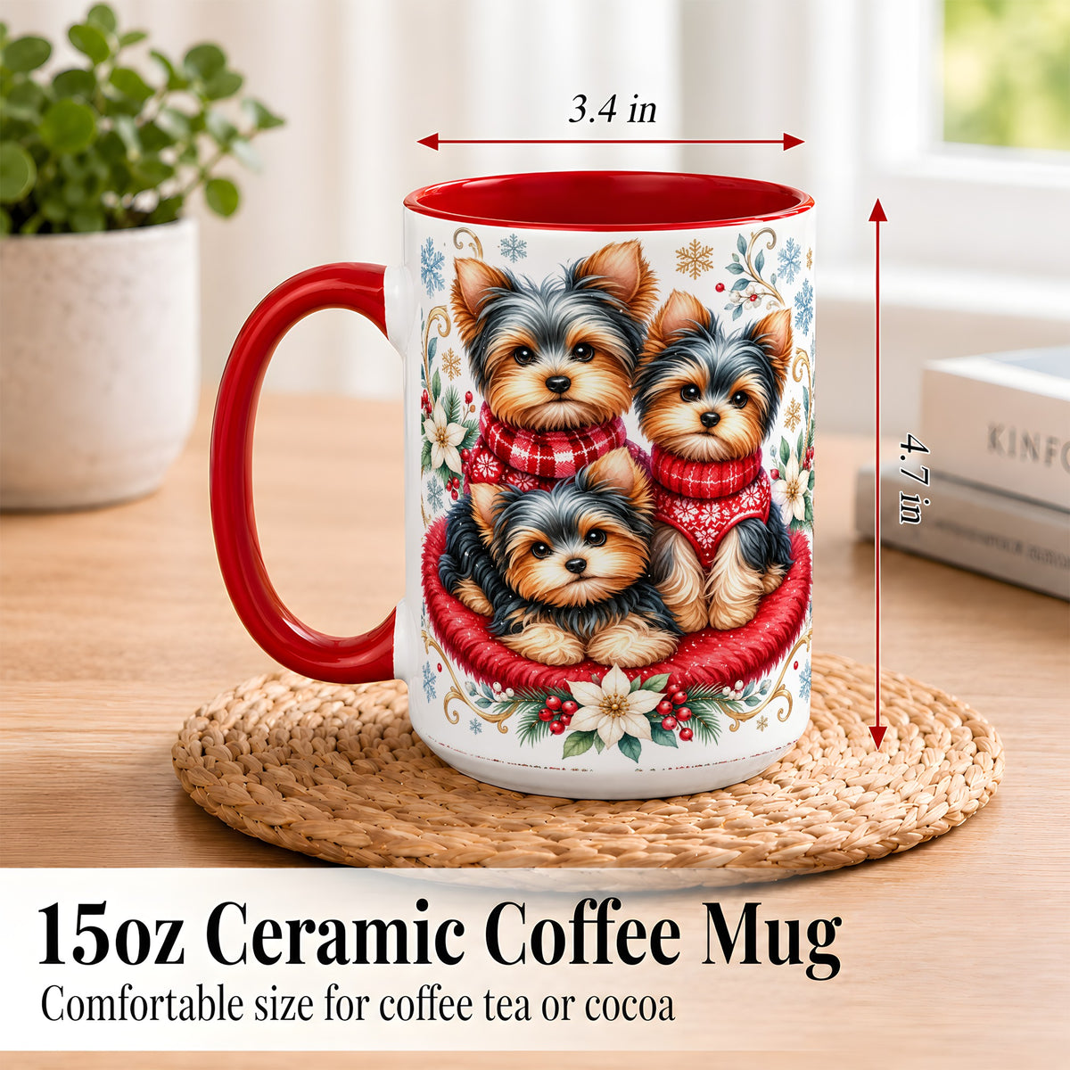 #pl[15oz|Red] Yorkshire Terrier Trio Coffee Mug, Christmas Dog Mug, Ceramic Cup