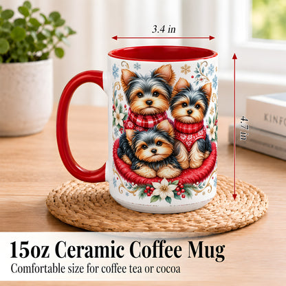 #pl[15oz|Red] Yorkshire Terrier Trio Coffee Mug, Christmas Dog Mug, Ceramic Cup