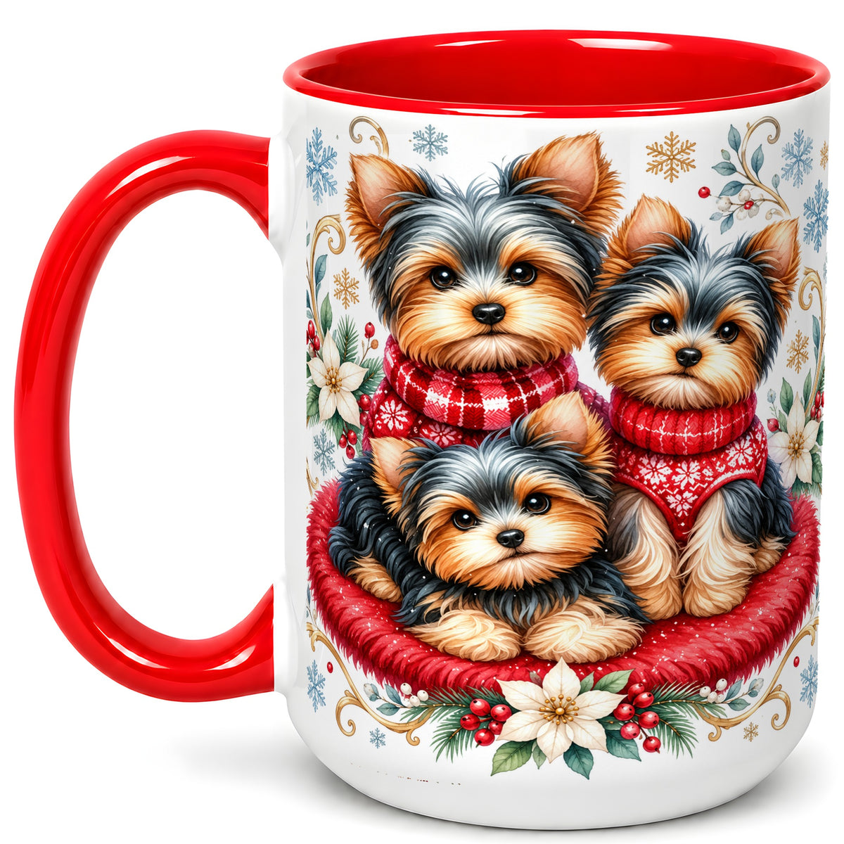 #pl[15oz|Red] Yorkshire Terrier Trio Coffee Mug, Christmas Dog Mug, Ceramic Cup