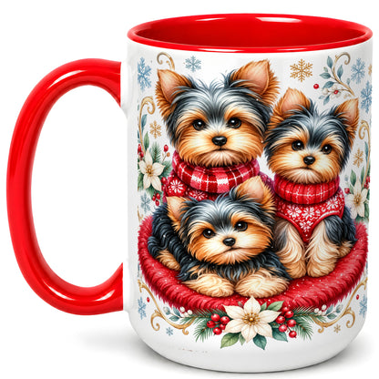 #pl[15oz|Red] Yorkshire Terrier Trio Coffee Mug, Christmas Dog Mug, Ceramic Cup