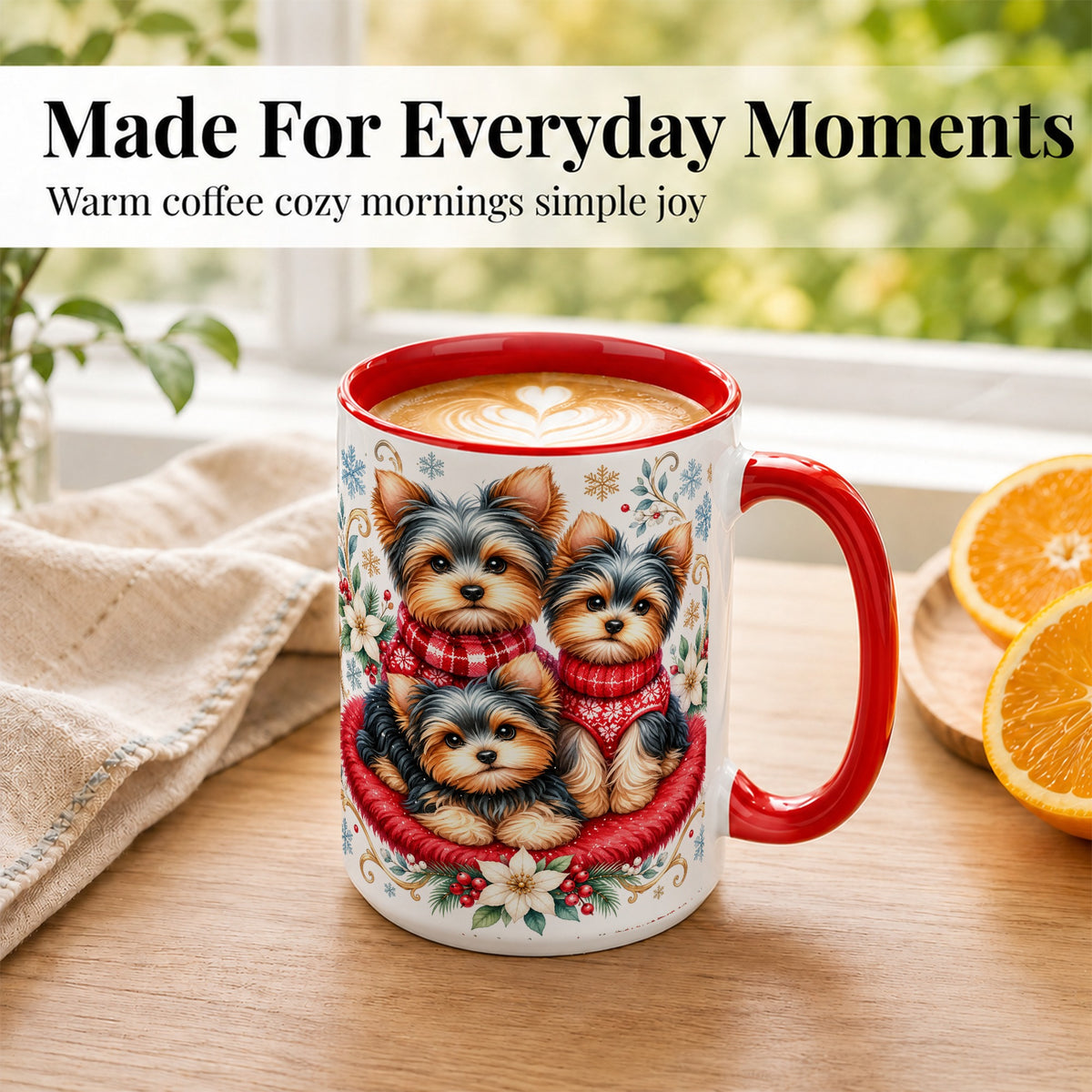 #pl[15oz|Red] Yorkshire Terrier Trio Coffee Mug, Christmas Dog Mug, Ceramic Cup