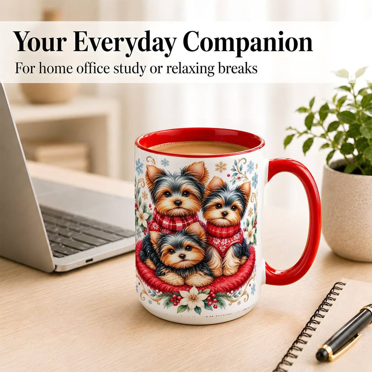#pl[15oz|Red] Yorkshire Terrier Trio Coffee Mug, Christmas Dog Mug, Ceramic Cup