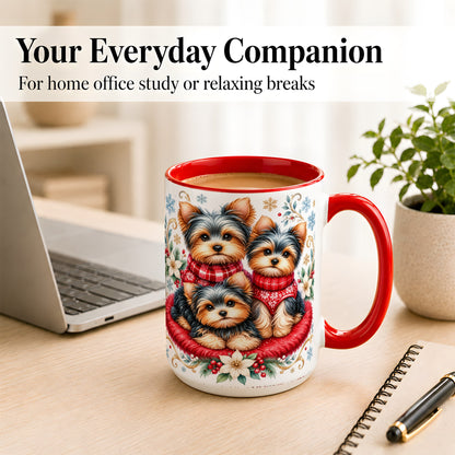 #pl[15oz|Red] Yorkshire Terrier Trio Coffee Mug, Christmas Dog Mug, Ceramic Cup