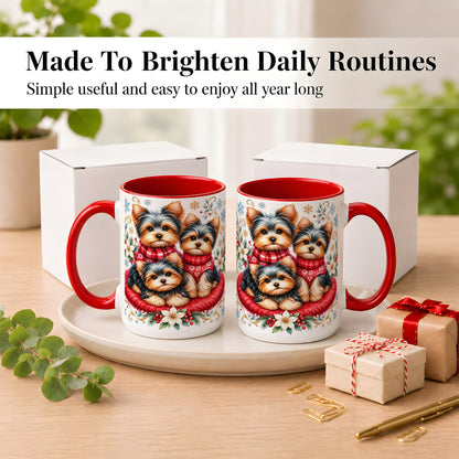 #pl[15oz|Red] Yorkshire Terrier Trio Coffee Mug, Christmas Dog Mug, Ceramic Cup