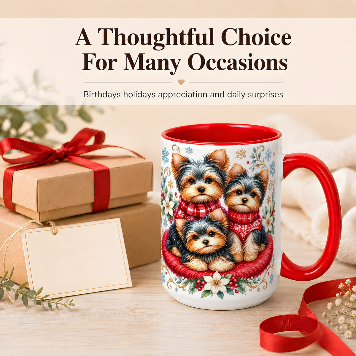 #pl[15oz|Red] Yorkshire Terrier Trio Coffee Mug, Christmas Dog Mug, Ceramic Cup
