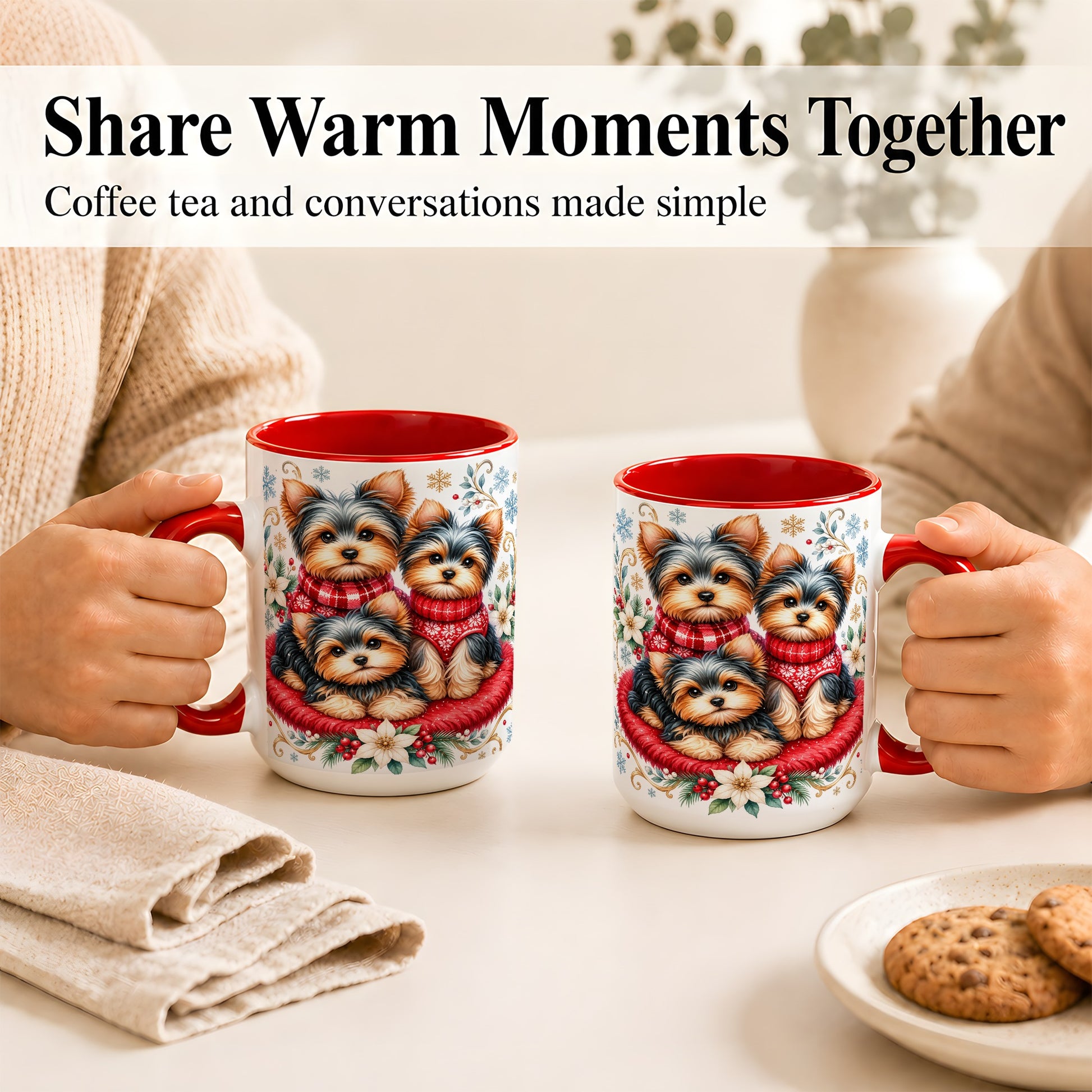 #pl[15oz|Red] Yorkshire Terrier Trio Coffee Mug, Christmas Dog Mug, Ceramic Cup