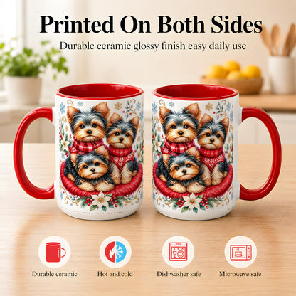 #pl[15oz|Red] Yorkshire Terrier Trio Coffee Mug, Christmas Dog Mug, Ceramic Cup