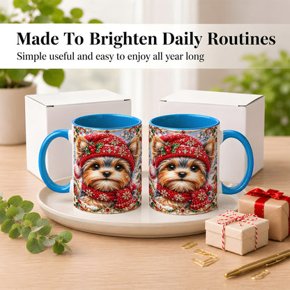 #pl[11oz|Blue] Winter Yorkshire Terrier Coffee Mug, Christmas Dog Mug, Ceramic Cup