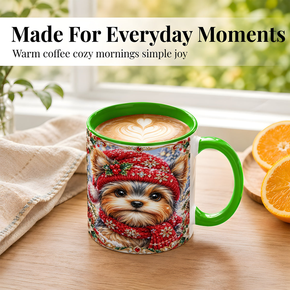 #pl[11oz|Green] Winter Yorkshire Terrier Coffee Mug, Christmas Dog Mug, Ceramic Cup
