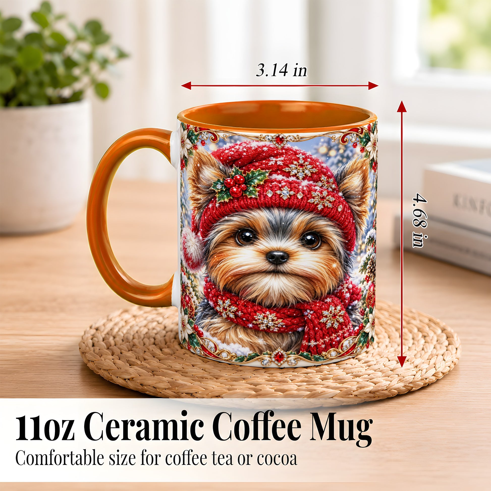 #pl[11oz|Orange] Winter Yorkshire Terrier Coffee Mug, Christmas Dog Mug, Ceramic Cup