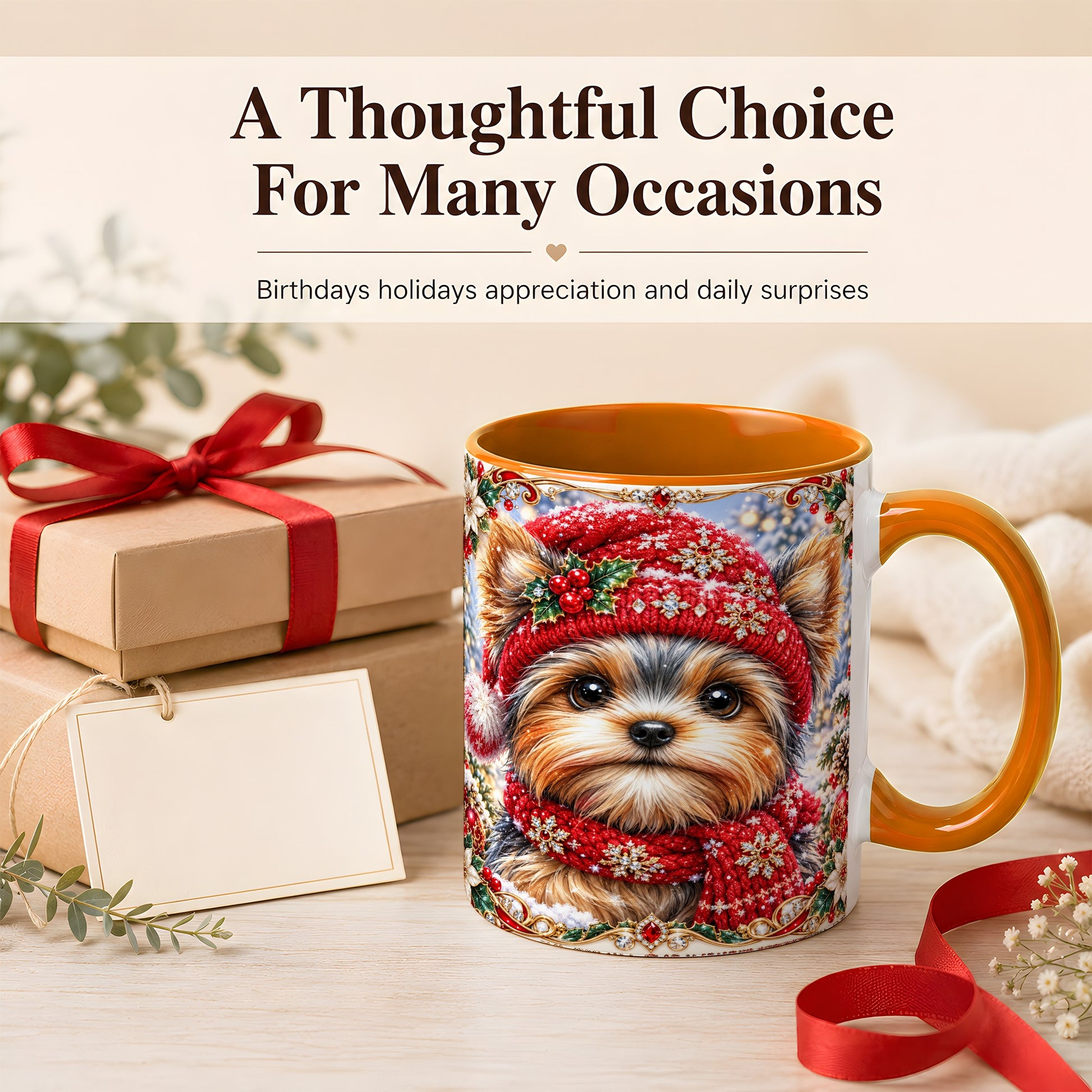 #pl[11oz|Orange] Winter Yorkshire Terrier Coffee Mug, Christmas Dog Mug, Ceramic Cup