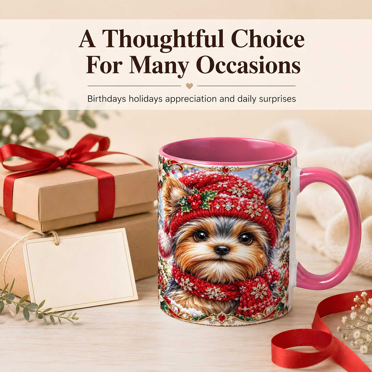 #pl[11oz|Pink] Winter Yorkshire Terrier Coffee Mug, Christmas Dog Mug, Ceramic Cup