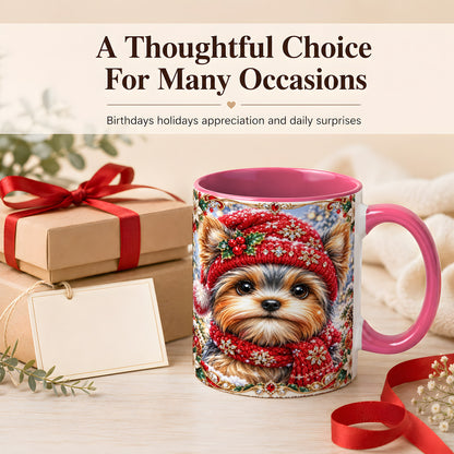 #pl[11oz|Pink] Winter Yorkshire Terrier Coffee Mug, Christmas Dog Mug, Ceramic Cup