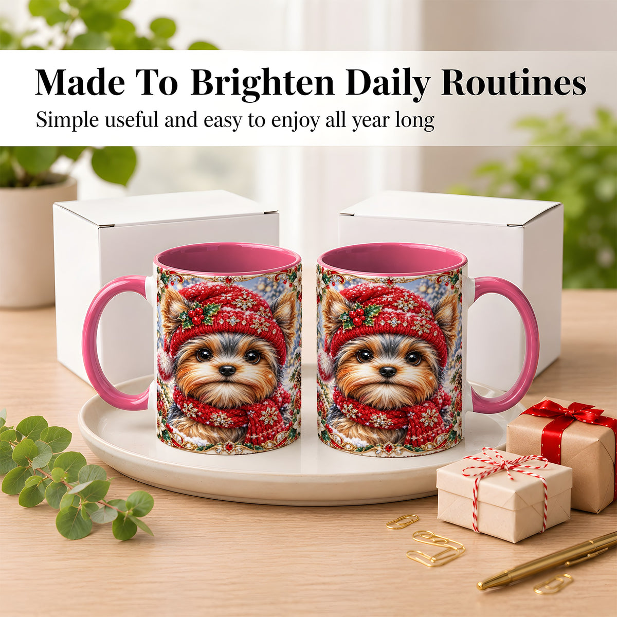 #pl[11oz|Pink] Winter Yorkshire Terrier Coffee Mug, Christmas Dog Mug, Ceramic Cup