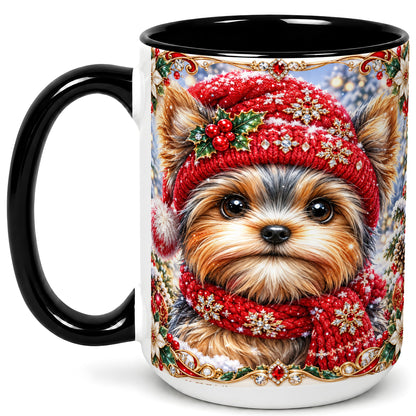 #pl[15oz|Black] Winter Yorkshire Terrier Coffee Mug, Christmas Dog Mug, Ceramic Cup